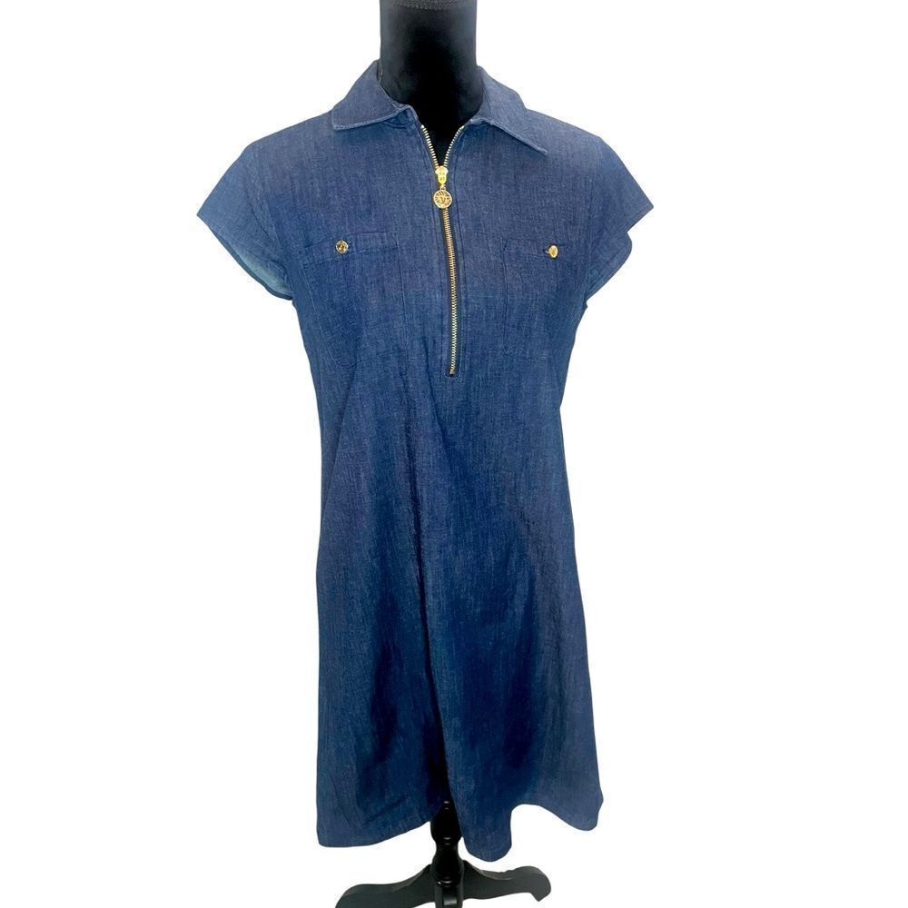 ANNE KLIEN BLUE DENIM CHAMBRAY DRESS WITH ZIPPER CLASSIC SLEEVE SHIFT SIZE 4